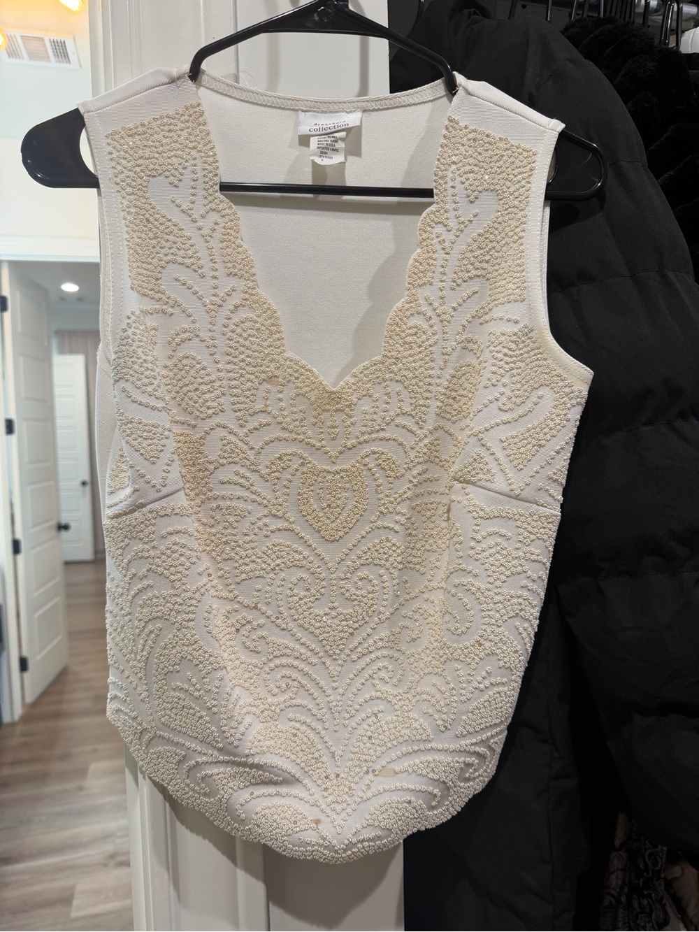 dressbarn Cream Beaded Scalloped V-Neck Camisole